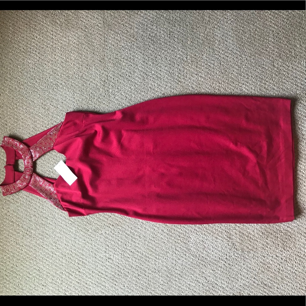 NEW Cache Red Fitted Dress With Gold Detailing